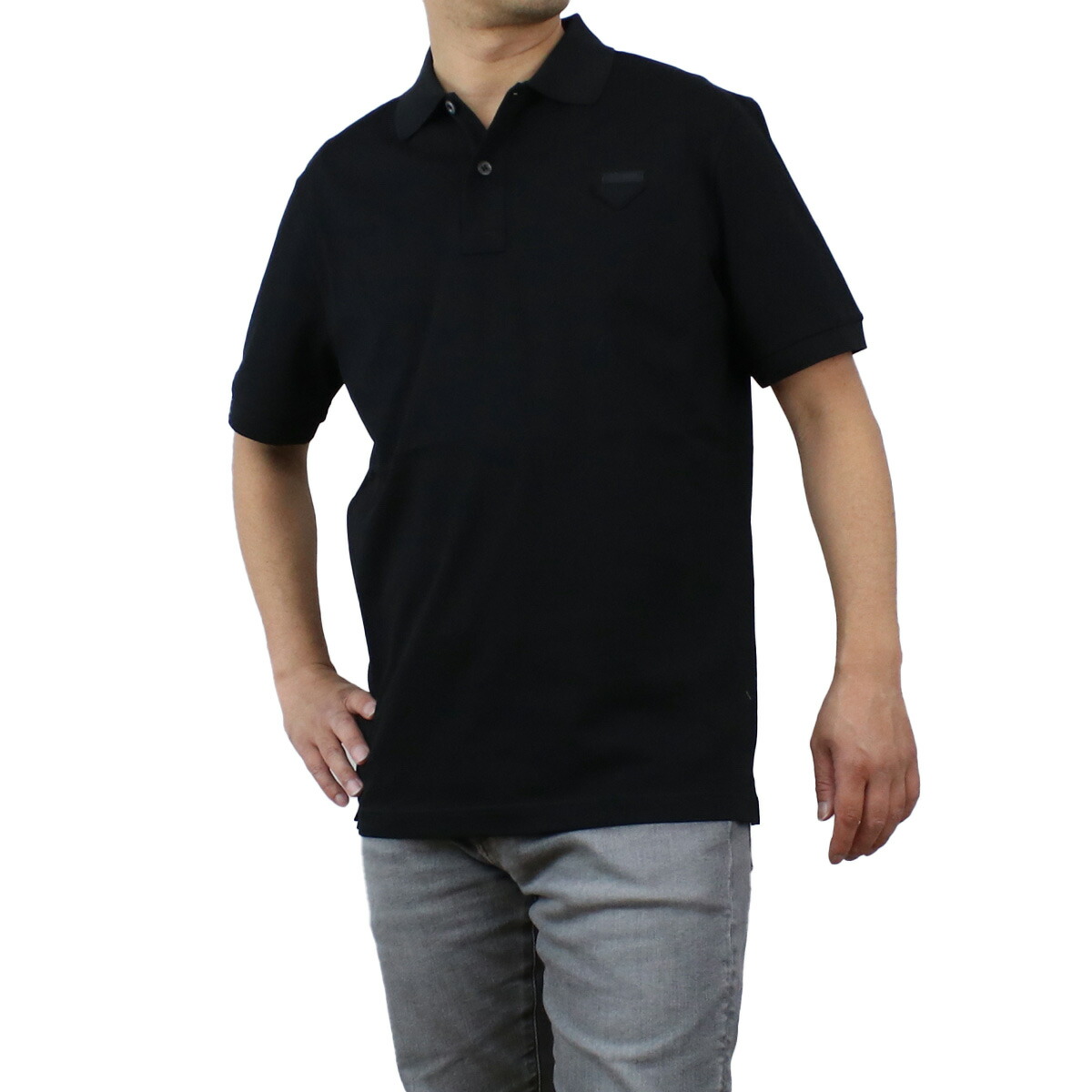 プラダ PRADA  メンズ－ポロシャツ　半袖　ブランド UJN444　XGS　F0002　三角ワッペン NERO ブラック　apparel-01　polo-01
